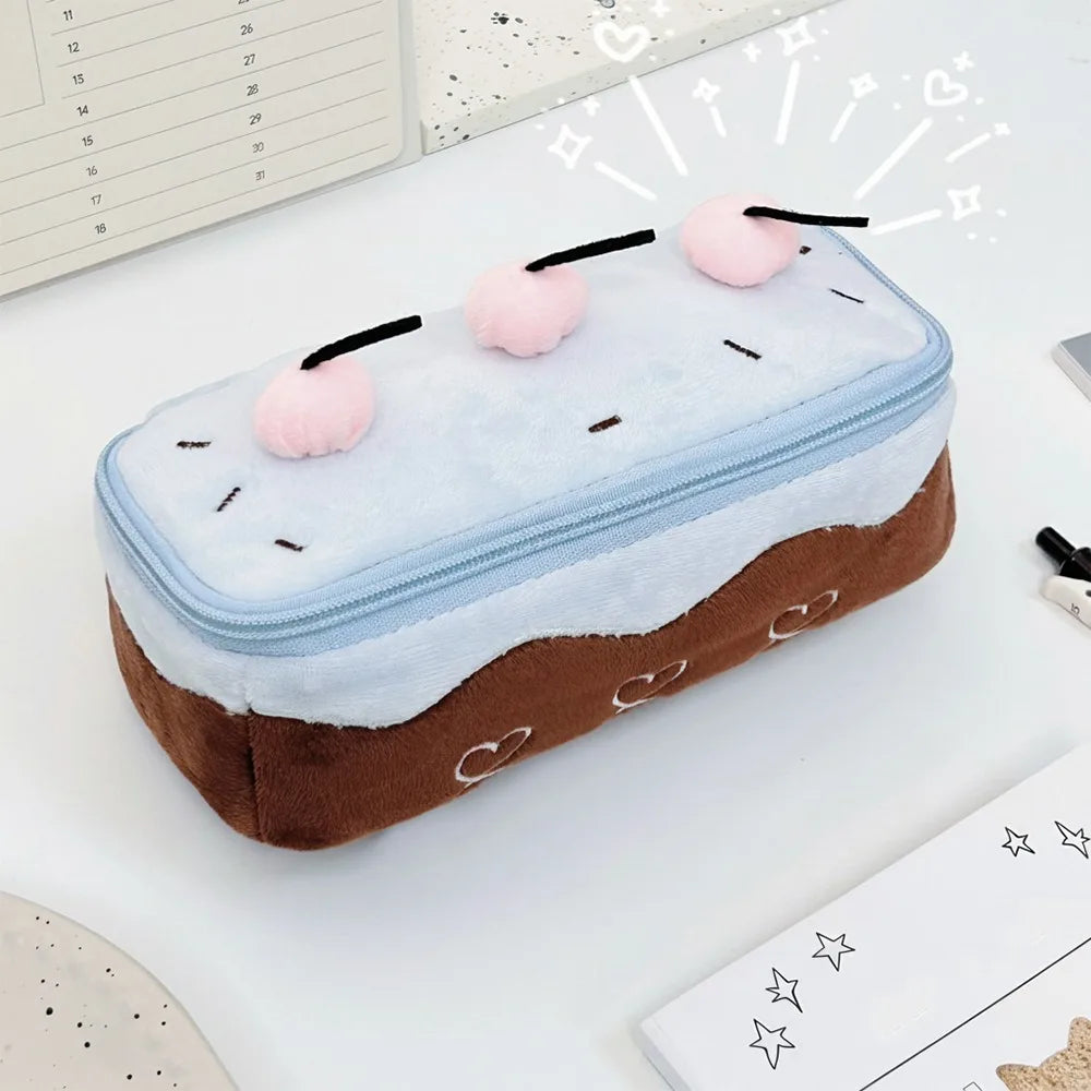 Kawaii Cherry Cake Pencil Case – Large Capacity Plush Pen Bag Pencil Case HIP Green Brown