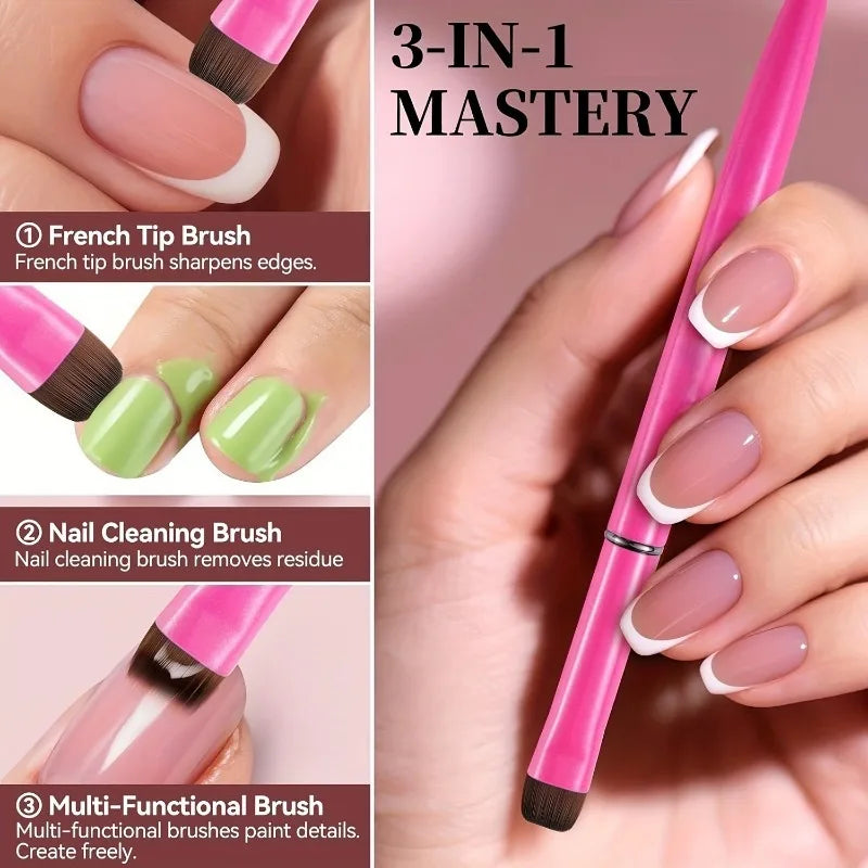 French Tip Nail Painting Brush Metal Handle Flat Round Head Manicure Tool Gel Polish Application Nail Surface Cleaning DIY Nail HIP