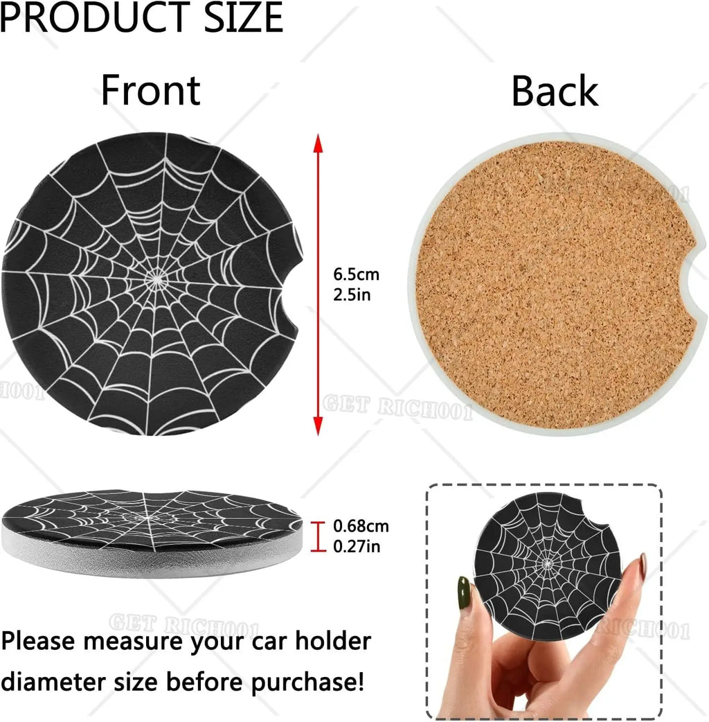 Goth Spider Web Car Coasters 2-Pack – Non-Slip & Absorbent Car Cup Coasters HIP