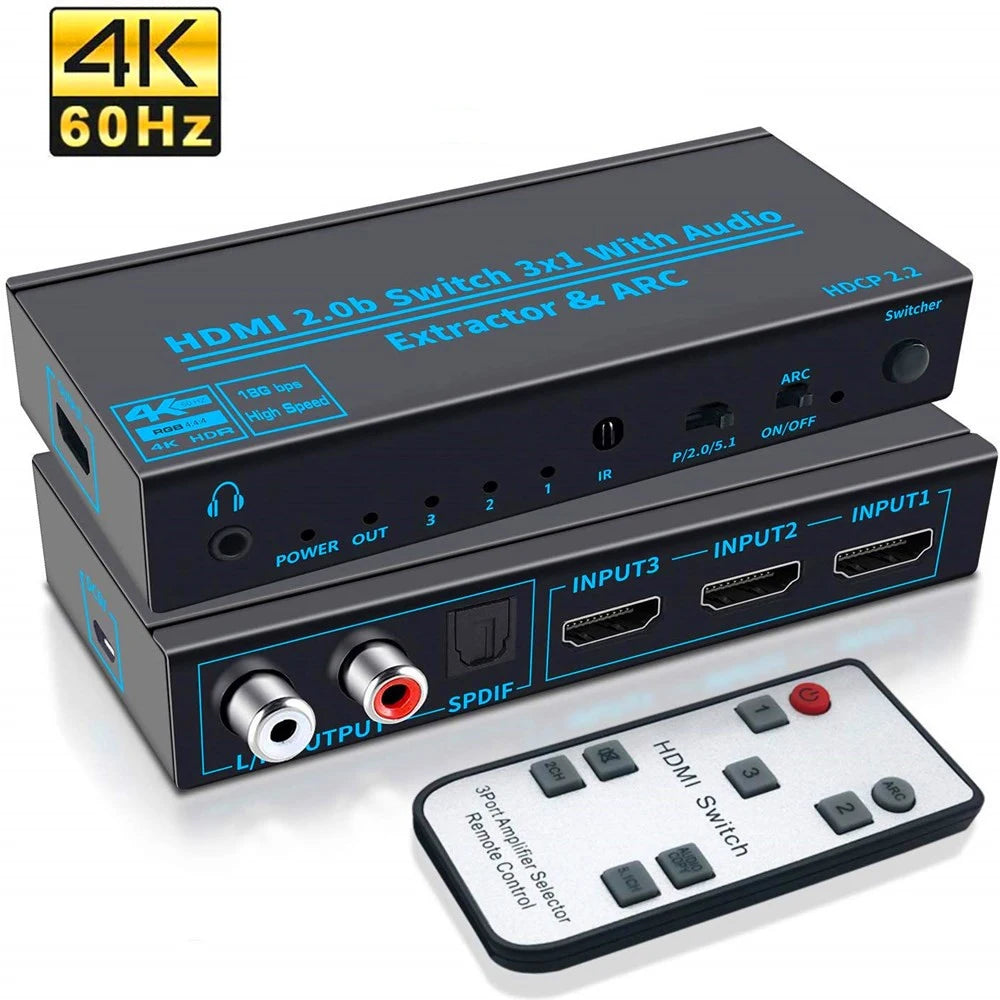 HDMI 3-in-1 Switch Audio Extractor 4K@60Hz ARC Toslink SPDIF HDMI Audio Switch HIP black
