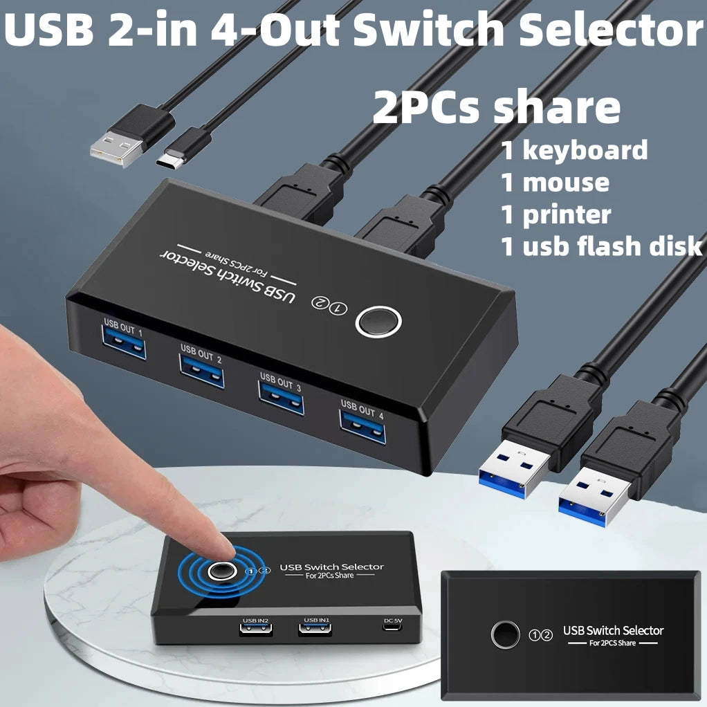 USB 4-Port Switch Box – Share USB Devices Between 2 Computers USB Switch Selector HIP