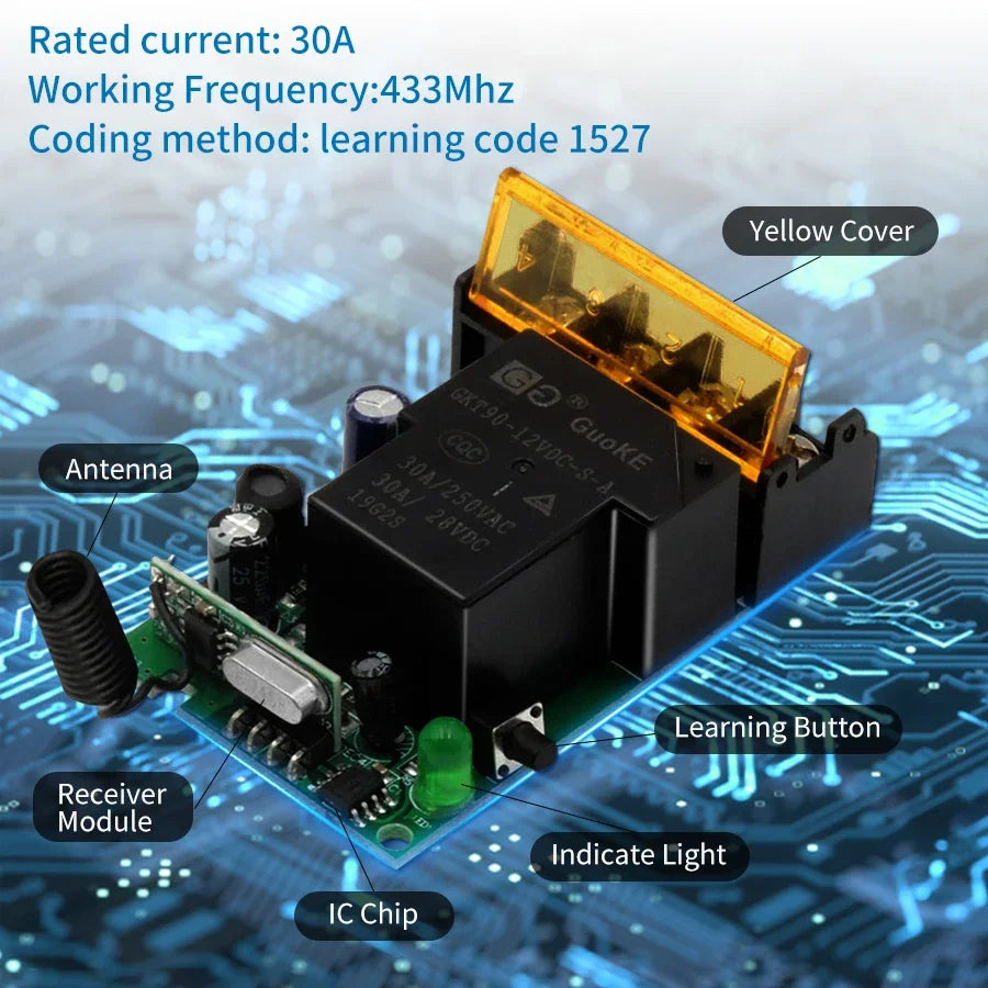 RF 433Mhz Wireless Remote Control Switch 12V 24V 48V 72V 110V 220V 30A Relay Receiver Transmitter For LED Light Water Pump Motor HIP