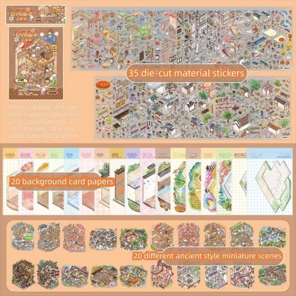 3D Ancient-Style Miniature Scene Stickers – PET Craft Kit Craft Sticker Set HIP 1 Set