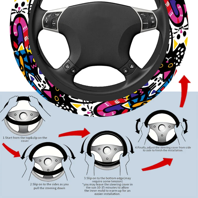 Cartoon Cat Geometric Patchwork 15-Inch Steering Wheel Cover Steering Wheel Cover HIP