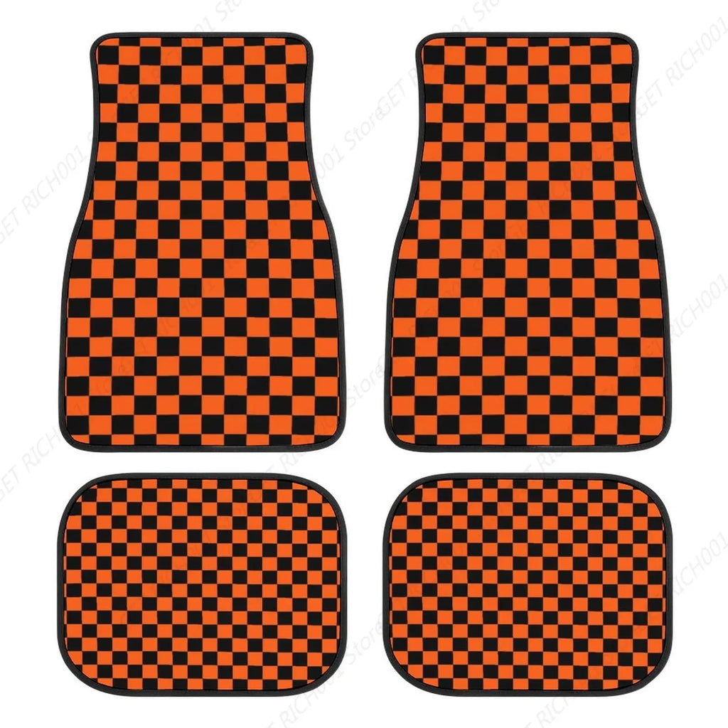 Black & Orange Checkerboard Car Floor Mats – 4 Pc Universal Car Floor Mats HIP 1 one size