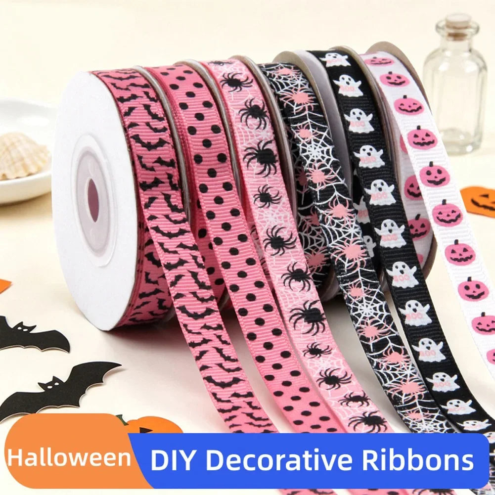 10Yards/roll Halloween Themed Flower Ribbon Pumpkin Ghost Print Wrapped Ribbon Bow Ribbon DIY Holiday Decoration Material Ribbon HIP