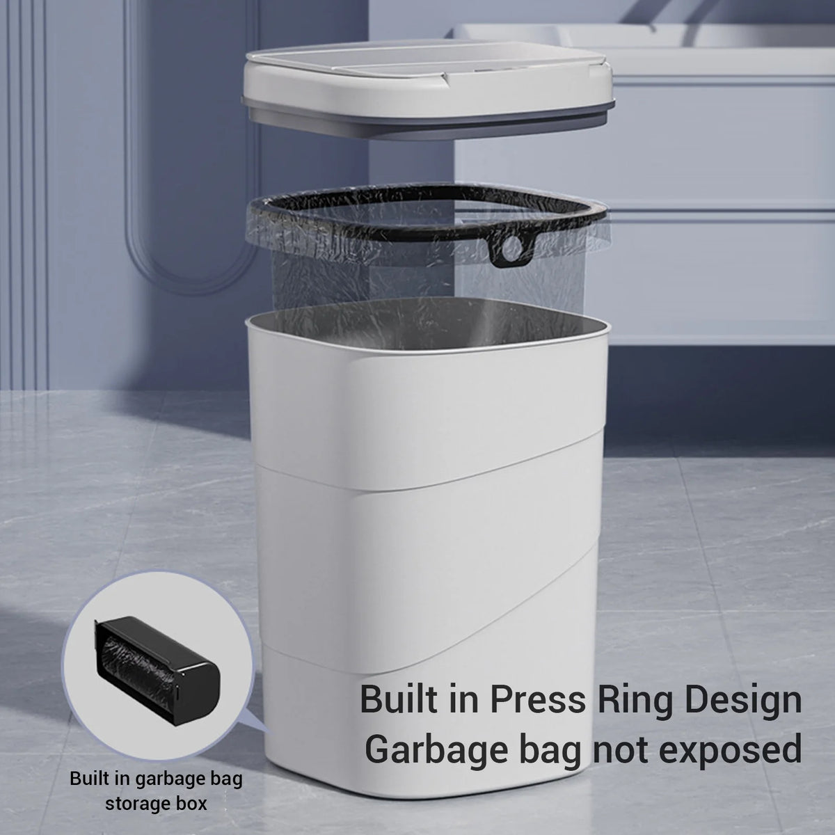 Motion Sensor Trash Can 18L Automatic Touchless Garbage Bin with Blue Luminous Press Ring for Bathroom Kitchen Living Room HIP