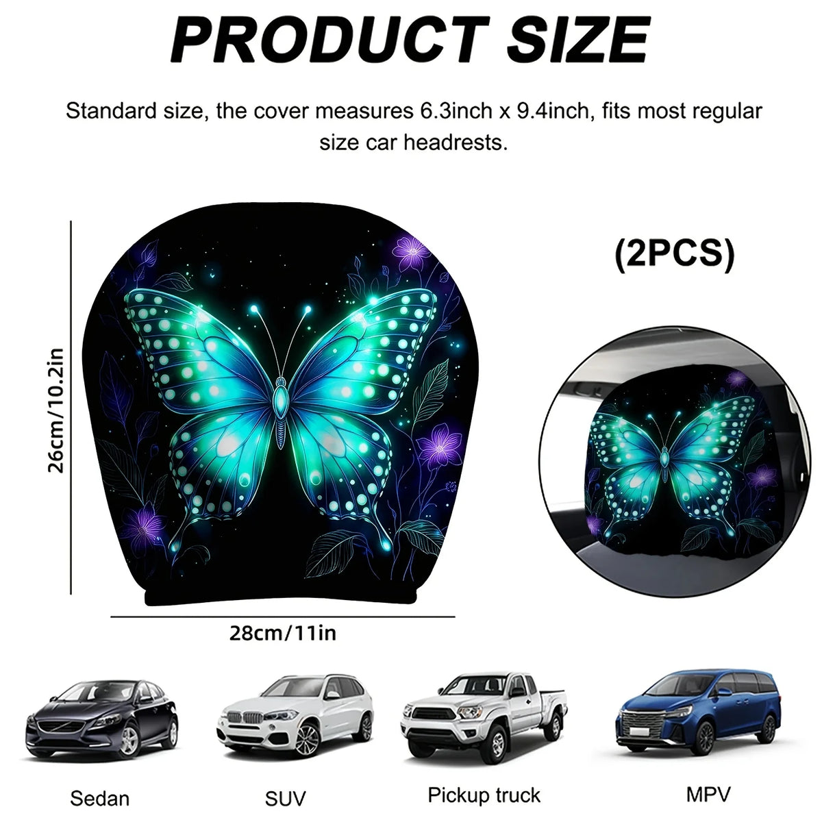 2-Pack Glow-in-the-Dark Butterfly Floral Car Headrest Covers Car Headrest Covers HIP