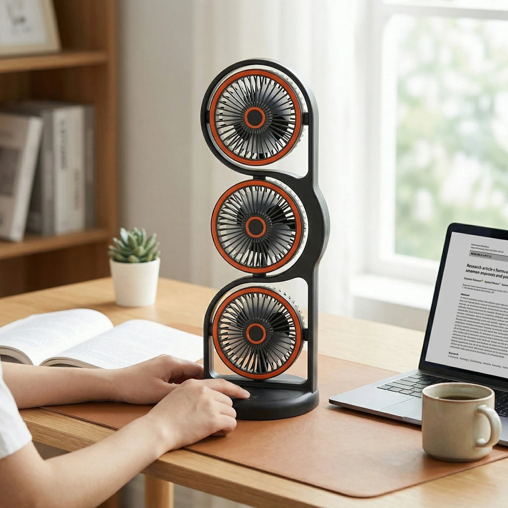 3 Head Fan Desk Fan Desk Fan USB Rechargeable Portable 3 Head Fan with Multiple Speed Settings Light for Study Work Outdoor HIP