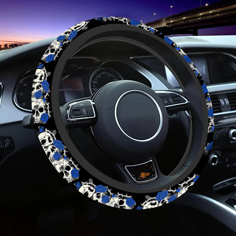 Gothic Skull & Blue Rose Steering Wheel Cover – Non-Slip Steering Wheel Cover HIP