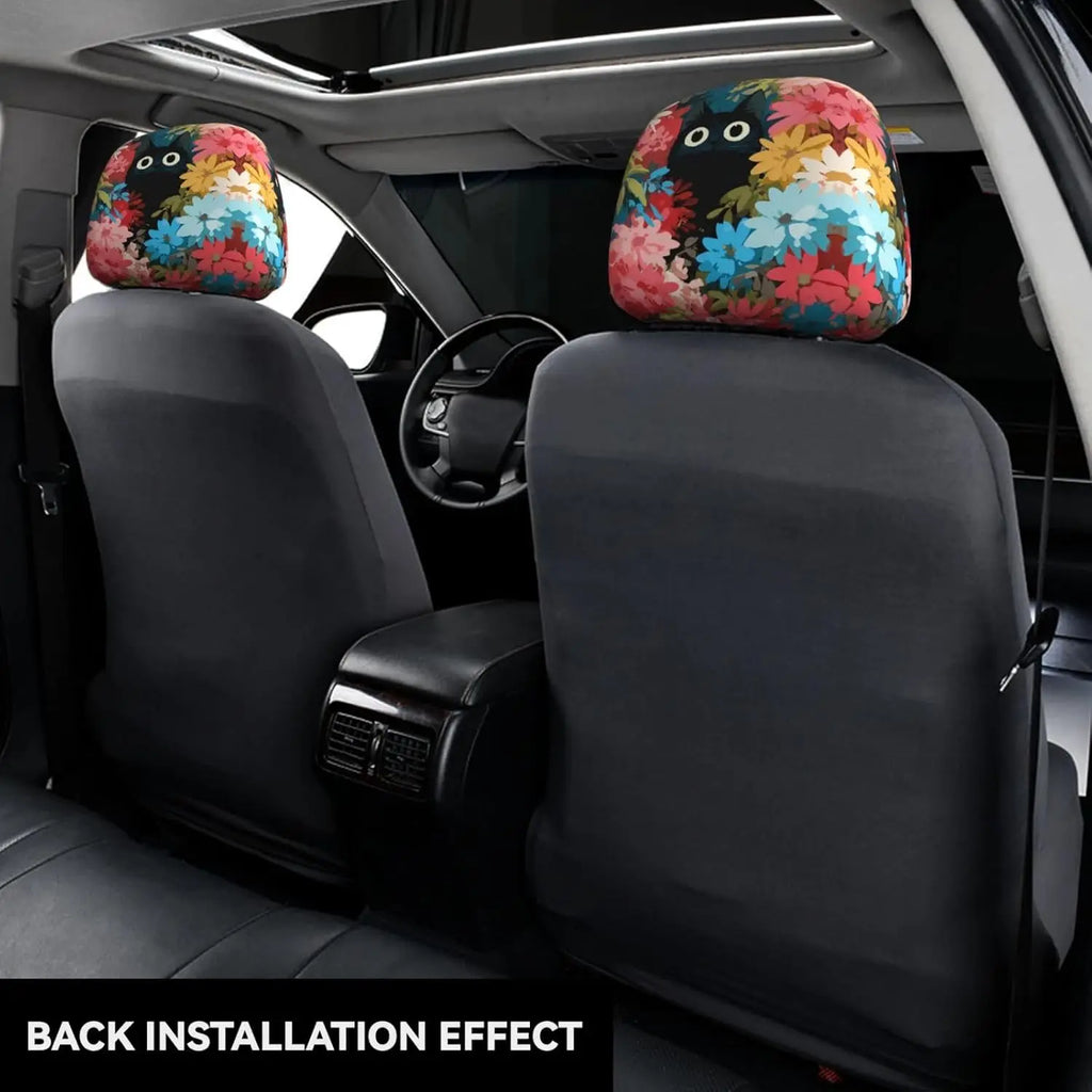 Black Cat Floral Car Headrest Covers – 2-Pack Universal Fit Car Headrest Cover HIP