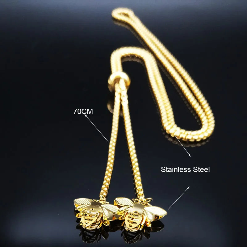 Fashion Bee Stainless Steel Long Necklace for Women Gold Color Statement Necklace Jewelry colgantes mujer moda N1525S03 HIP