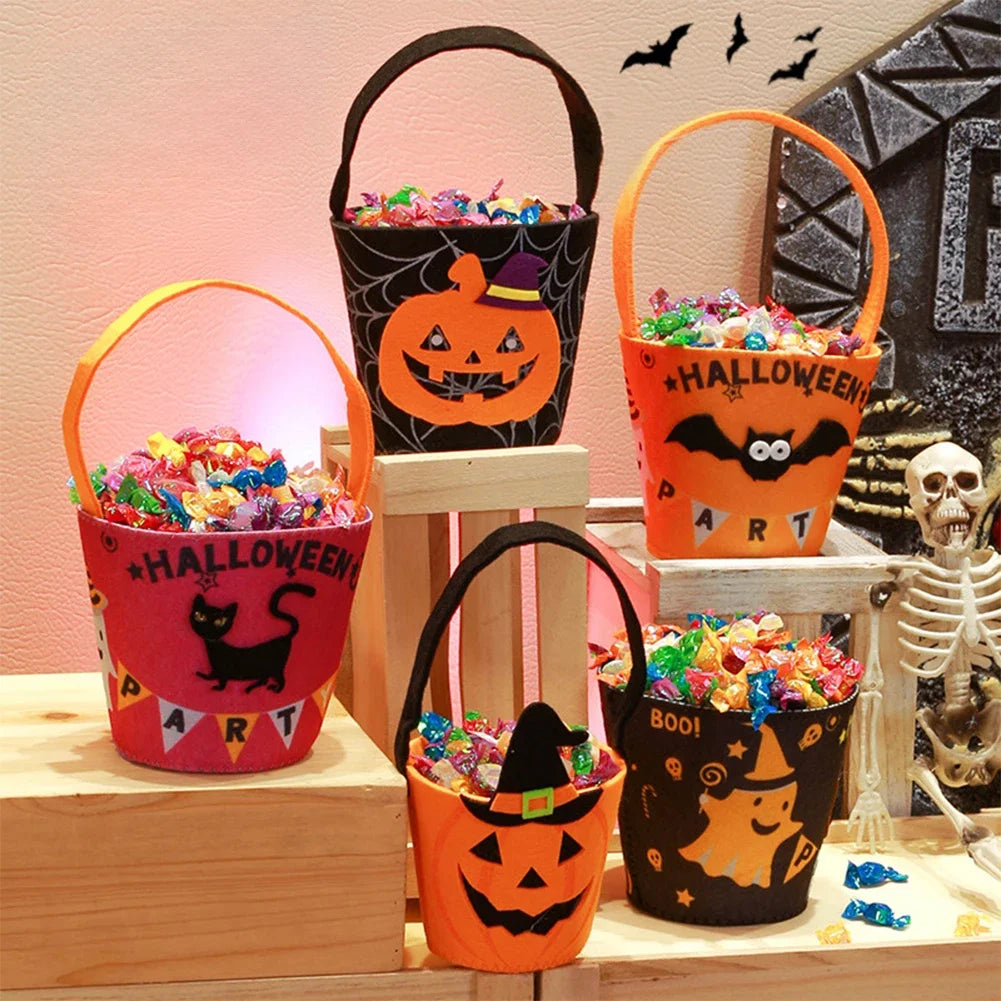 Halloween Themed Candy Bucket Bag with Handle Large Capacity Portable Pumpkin Candy Bucket Halloween Party Decor Supplies HIP