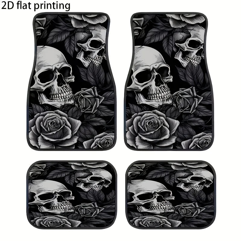 4-Piece Skull & Rose Car Floor Mats – Universal Fit Set Car Floor Mats HIP black