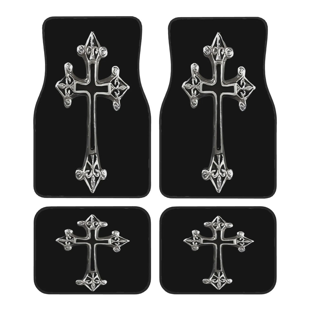 4-Piece Gothic Cross Car Floor Mats – Universal Fit, Black Car Floor Mats HIP black