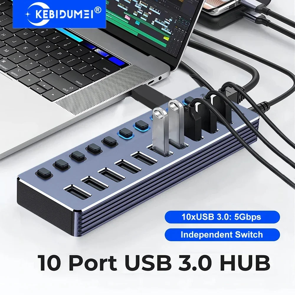KEBIDUMEI 10-Port USB 3.0 Hub 5Gbps with Independent Switches USB Hub HIP