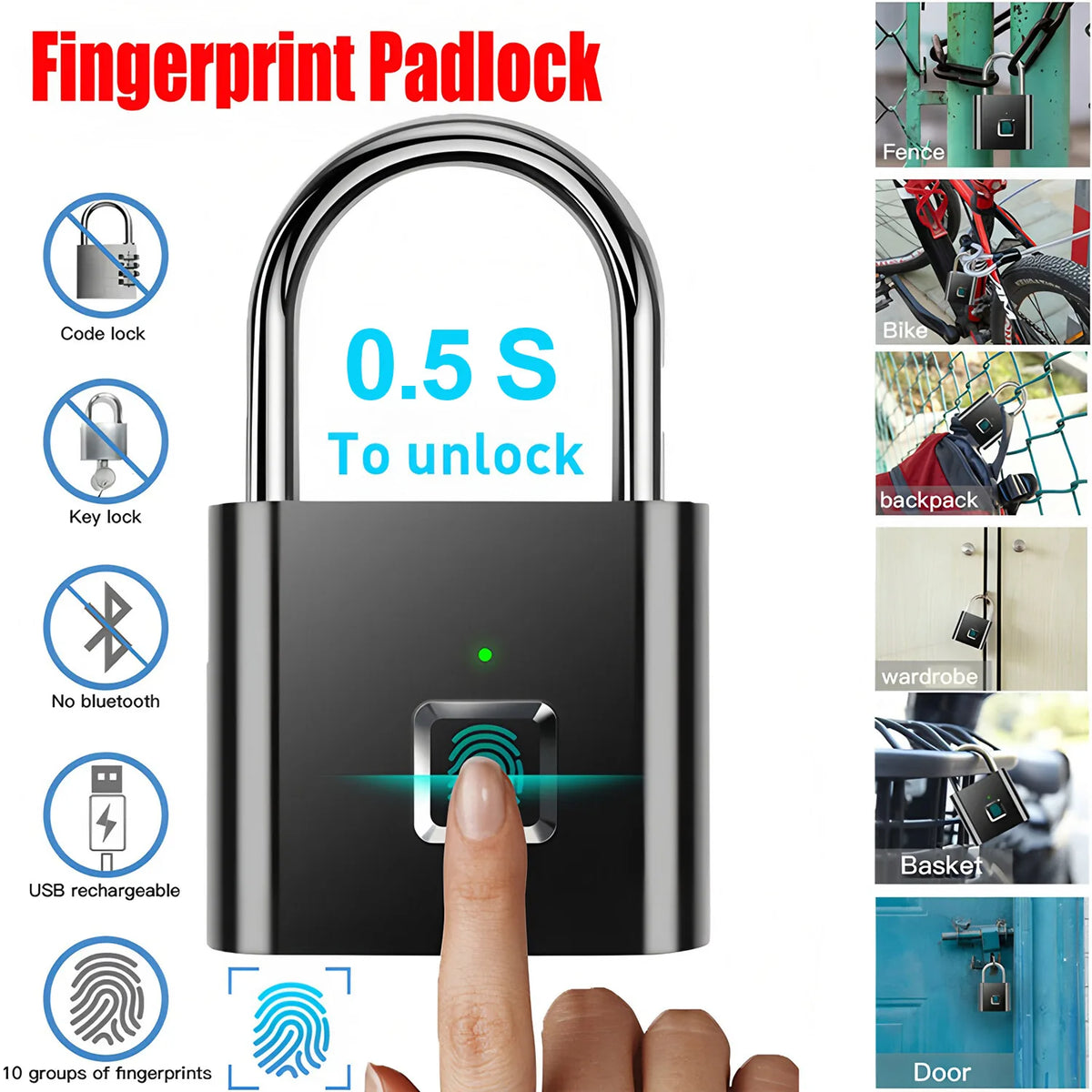 Fingerprint Smart Padlock – Keyless USB Rechargeable Zinc Alloy Fingerprint Smart Padlock HIP