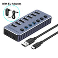 KEBIDUMEI 10-Port USB 3.0 Hub | 5Gbps & Independent Switches USB 3.0 Hub HIP 7-in-1 with EU Plug