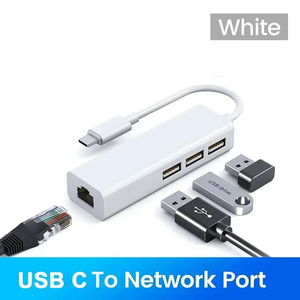 4-in-1 USB 2.0 Hub & 100Mbps RJ45 Ethernet Adapter USB Ethernet Hub HIP TYPE C