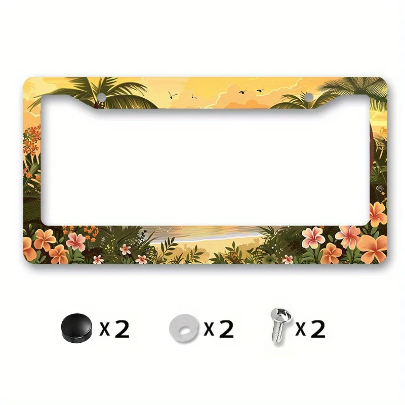 Tropical Sunset Palm Trees Metal License Plate Frame – Rustproof License Plate Frame HIP 1