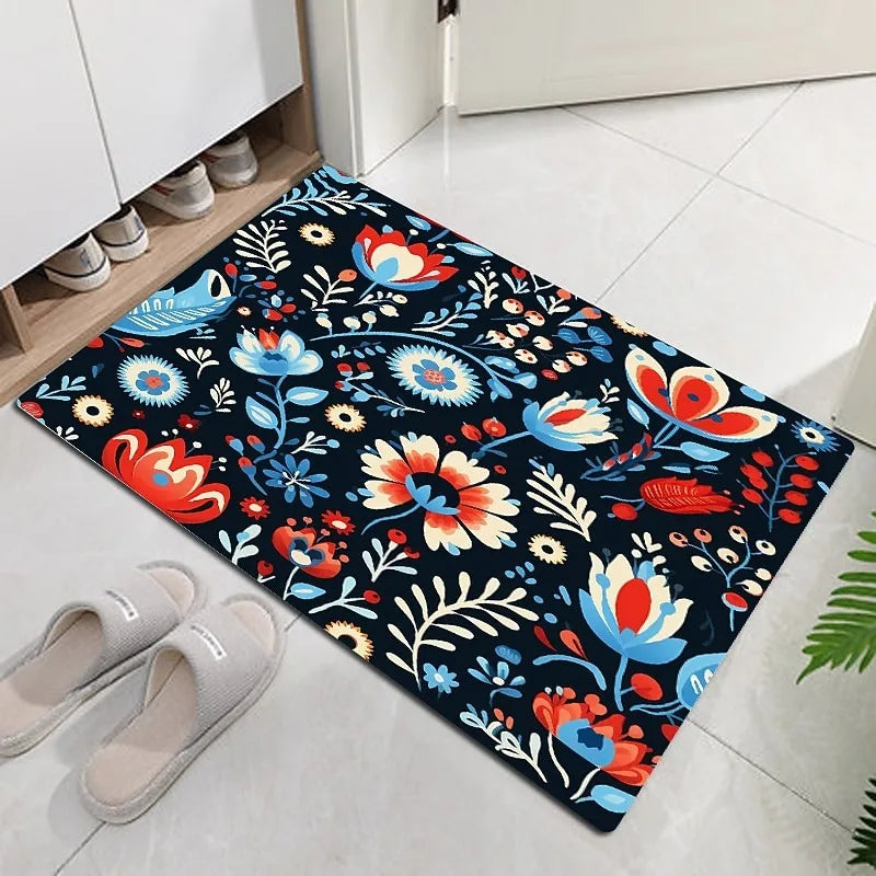 Bohemian Floral Non-Slip Washable Doormat – Dark Floral Rug Decorative Floor Mat HIP 5 50x80cm-Felt