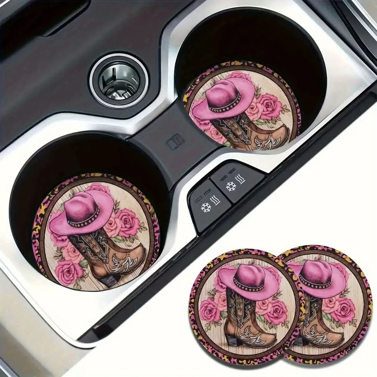 Western Cowboy Hat & Boots Car Coasters – Set of 2 Car Cup Holder Coasters HIP