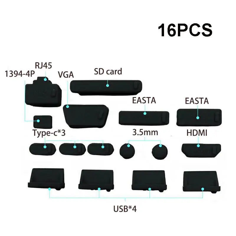 16-Piece Silicone Laptop Dust Plug Set – USB, HDMI, RJ45 & More Laptop Port Covers HIP 16pcs Black