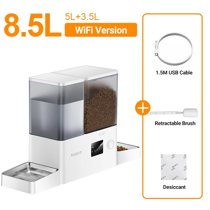ROJECO 8.5L Automatic Pet Feeder Water Fountain WIFI APP Remote Control Smart Dog 5L Food Dispenser 3.5L Gravity Water Drinker ﻿ HIP WIFI Version