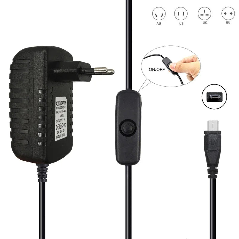 5V 3A Micro USB Power Adapter with Switch – Raspberry Pi USB Power Adapter HIP