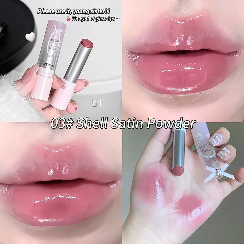 Caramel Brown Solid Lip Gloss Moisturizing Lace Bow Mirror Glass Jelly Lipstick Non Stick Cup Water Light Plump Lip Tint Makeup HIP 03