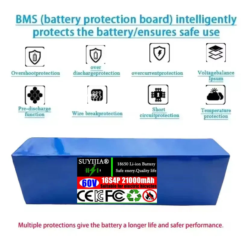 60V 21Ah 18650 16S4P Lithium Battery Pack with BMS | 1800W Lithium Battery Pack HIP