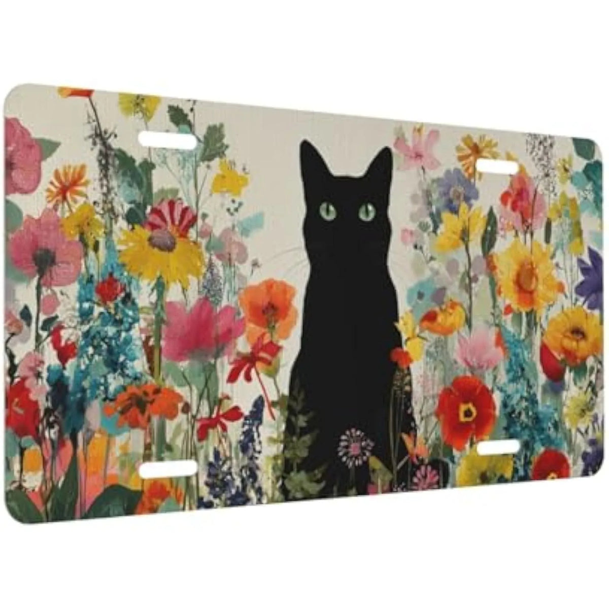 Black Cat in Flowers Aluminum License Plate Frame & Vanity Tag License Plate Frame HIP 1