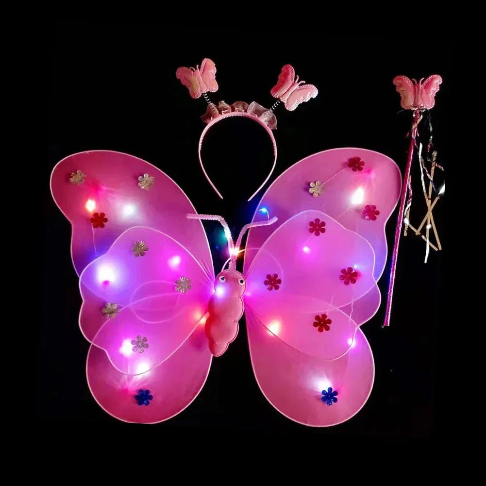 3/4Pcs/Set Double Layers Girls Led Flashing Light Fairy Butterfly Wing Wand Headband Costume Toy Gift Halloween Decoration HIP 3pcs Pink