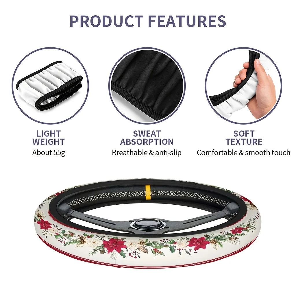 Christmas Floral & Pinecone Car Steering Wheel Cover Steering Wheel Cover HIP