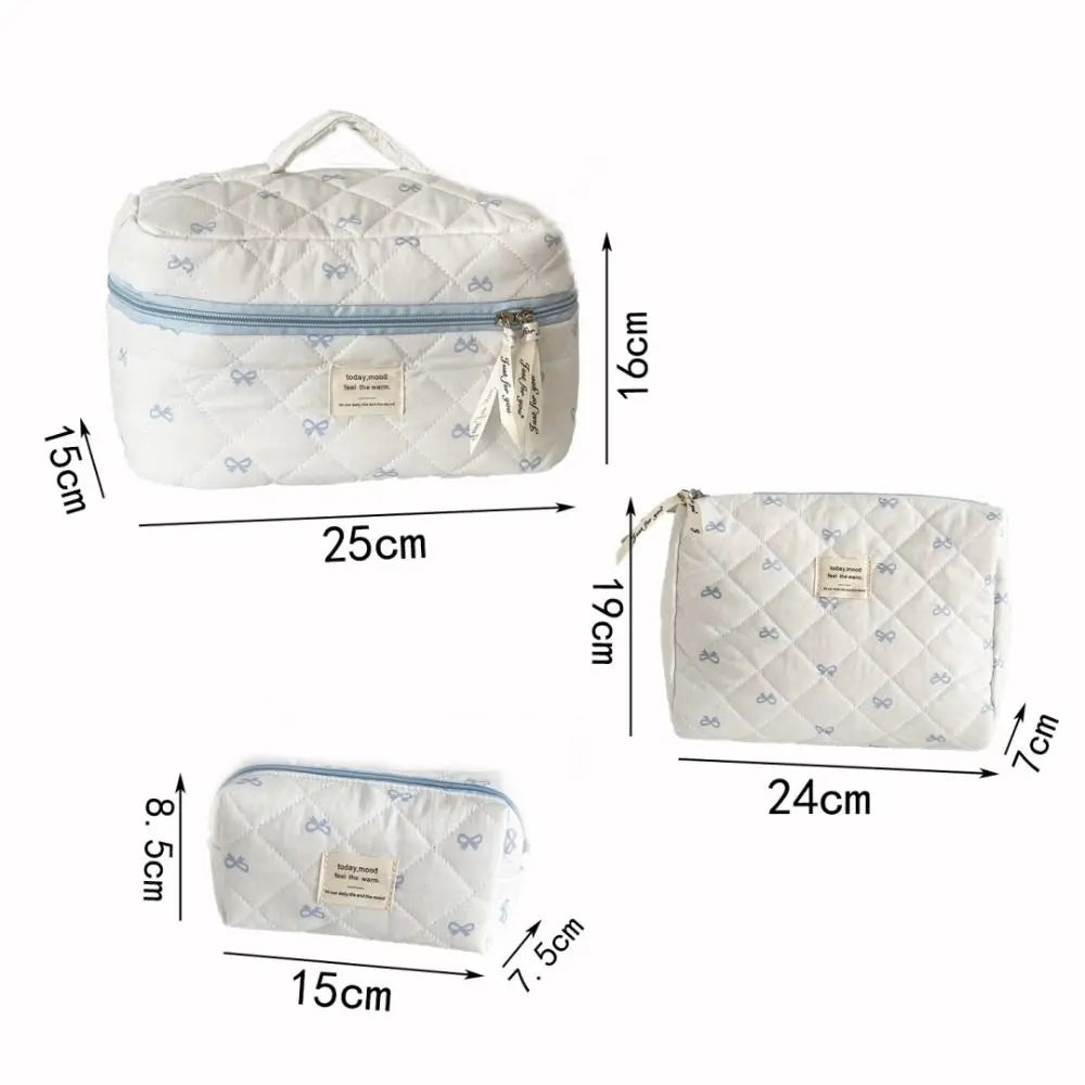 Blue Bow Cotton Makeup Bag Set – 3-Piece Travel Cosmetic Pouch Cosmetic Bag Set HIP