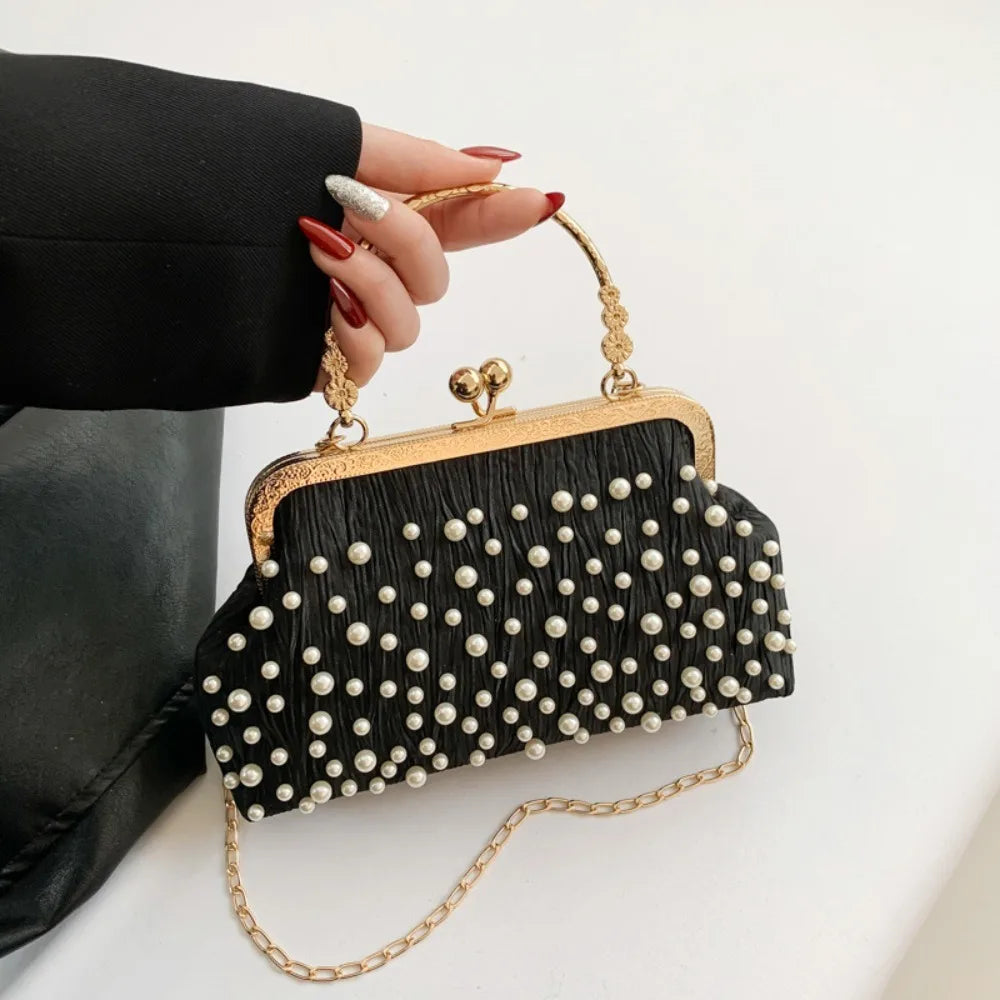 Pearl Diamond Shell Evening Bag – Chain Shoulder Clutch Evening Shell Clutch HIP Black