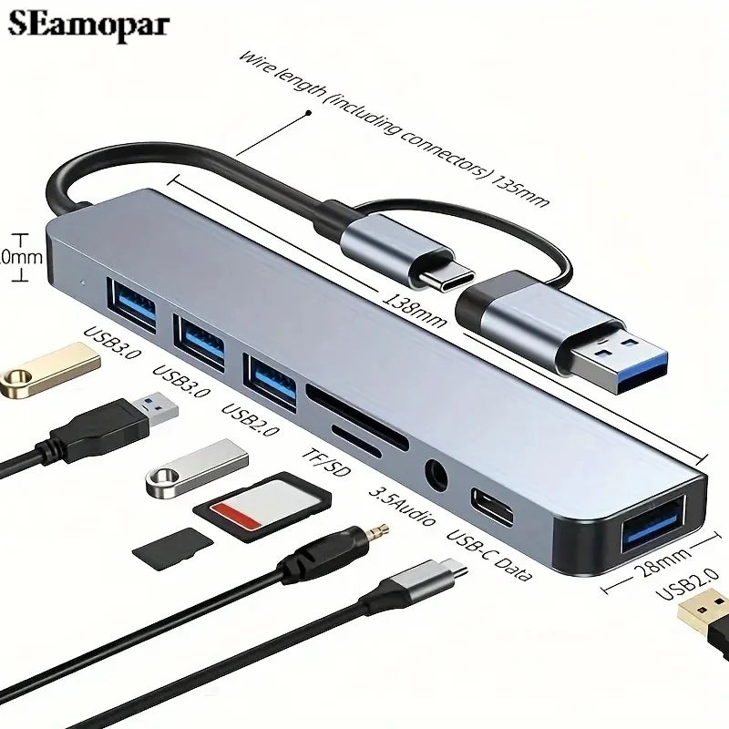 8-in-1 USB Hub – USB 3.0, USB-C & SD Card for Laptops USB Hub HIP