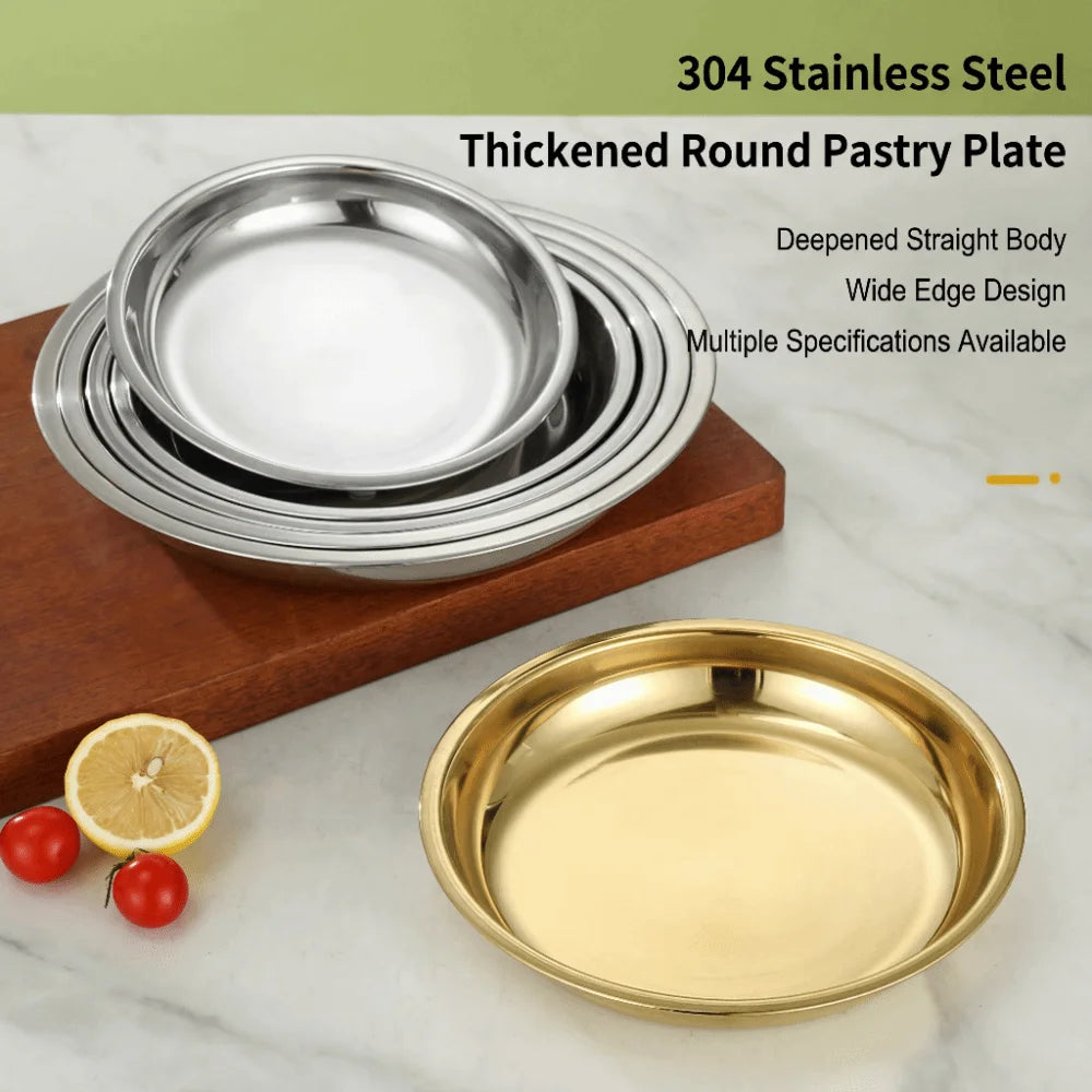 Stainless Steel Round Shallow Tray – Camping & Picnic Plate Serving Tray Plate HIP