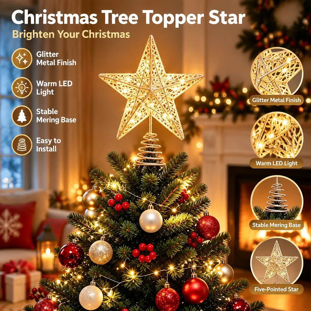 With LED Lights Iron Five-Pointed Glowing Star Christmas Tree Topper Star For Xmas Home Party Decor HIP