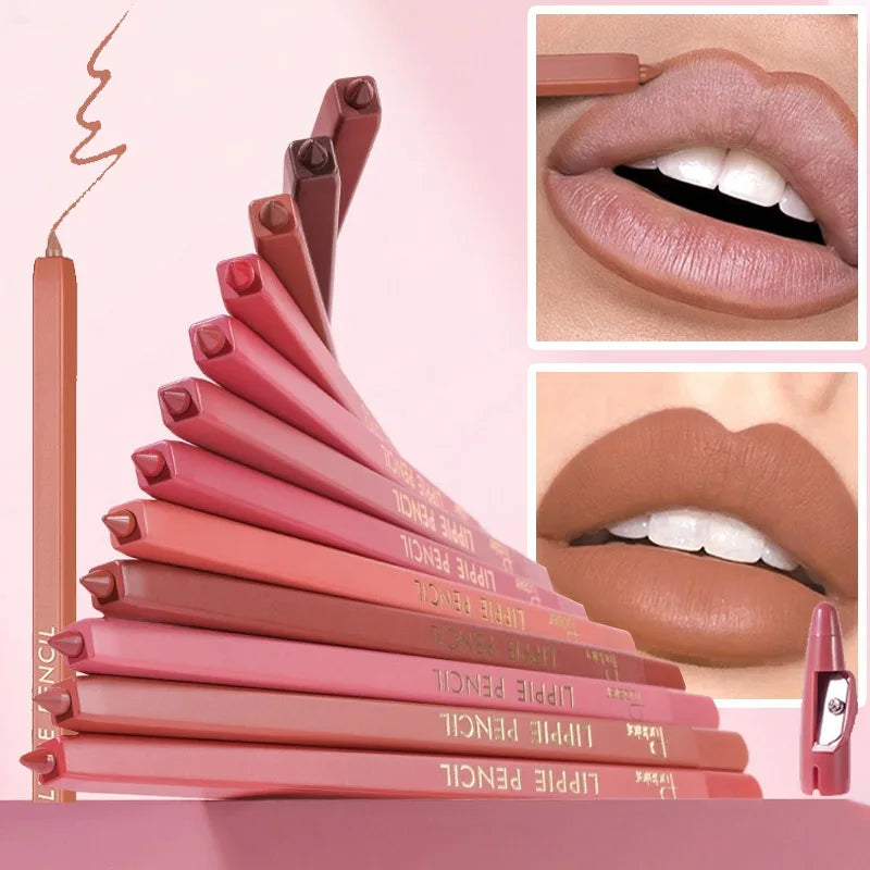 12 Color Matte Lip Liner Pencil Velvet Lipstick Pen Red Nude Contour Tint Long Lasting Waterproof Plump Lipliner with Sharpener HIP