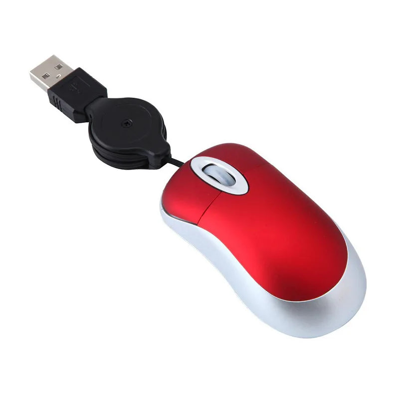 OULLX Mini USB Optical Mouse – Retractable Cable, 1000 DPI Wired Optical Mouse HIP Red