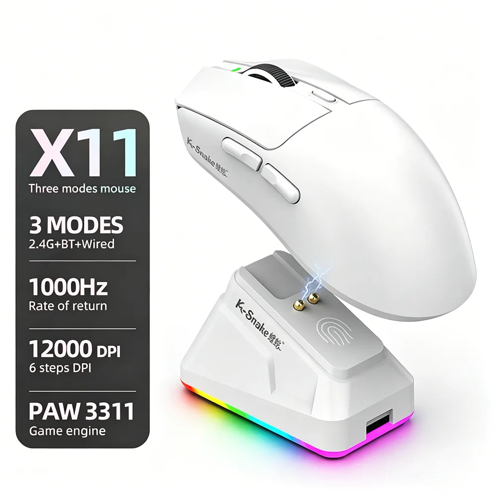 KEBIDUMEI X11 Tri-Mode Wireless Gaming Mouse 12000 DPI RGB Wireless Gaming Mouse HIP White