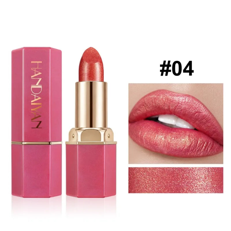 Pearlescent Glitter Lipstick Hexagonal Gold‑plated Tube Design Moisturizing Shiny Lip Stick Long Wear Non‑dry Women Lips Makeup HIP 04