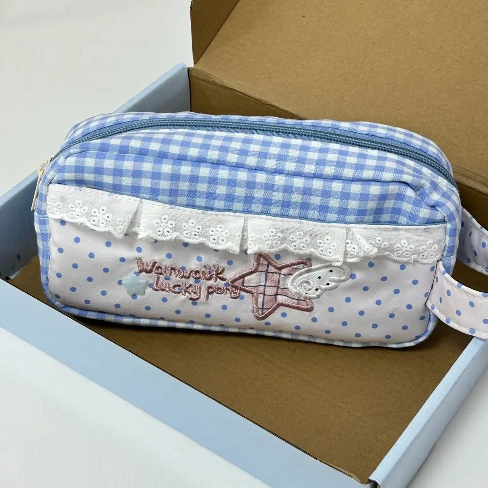 Lace Plaid Canvas Pencil Pouch – Large Capacity Pen Bag Pencil Pouch HIP