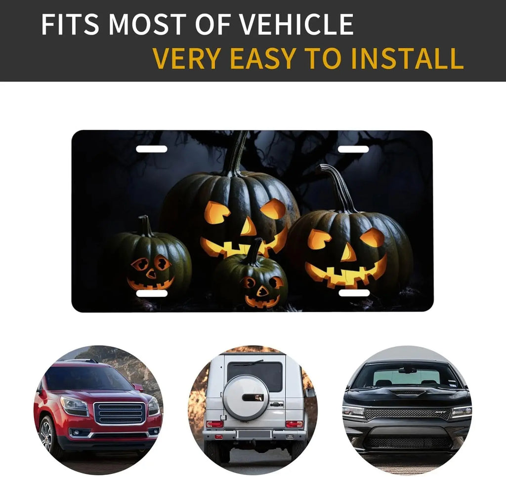 Halloween Pumpkin Aluminum Front License Plate Cover | 4 Holes Novelty License Plate HIP