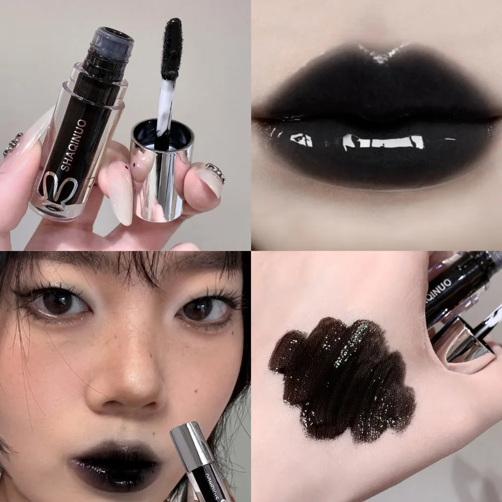 Black Rabbit Gothic Silver Metallic Lip Gloss Black Mirror Light Translucent Lip Lacquer Non-Sticky Water Gloss Lips Tint Makeup HIP