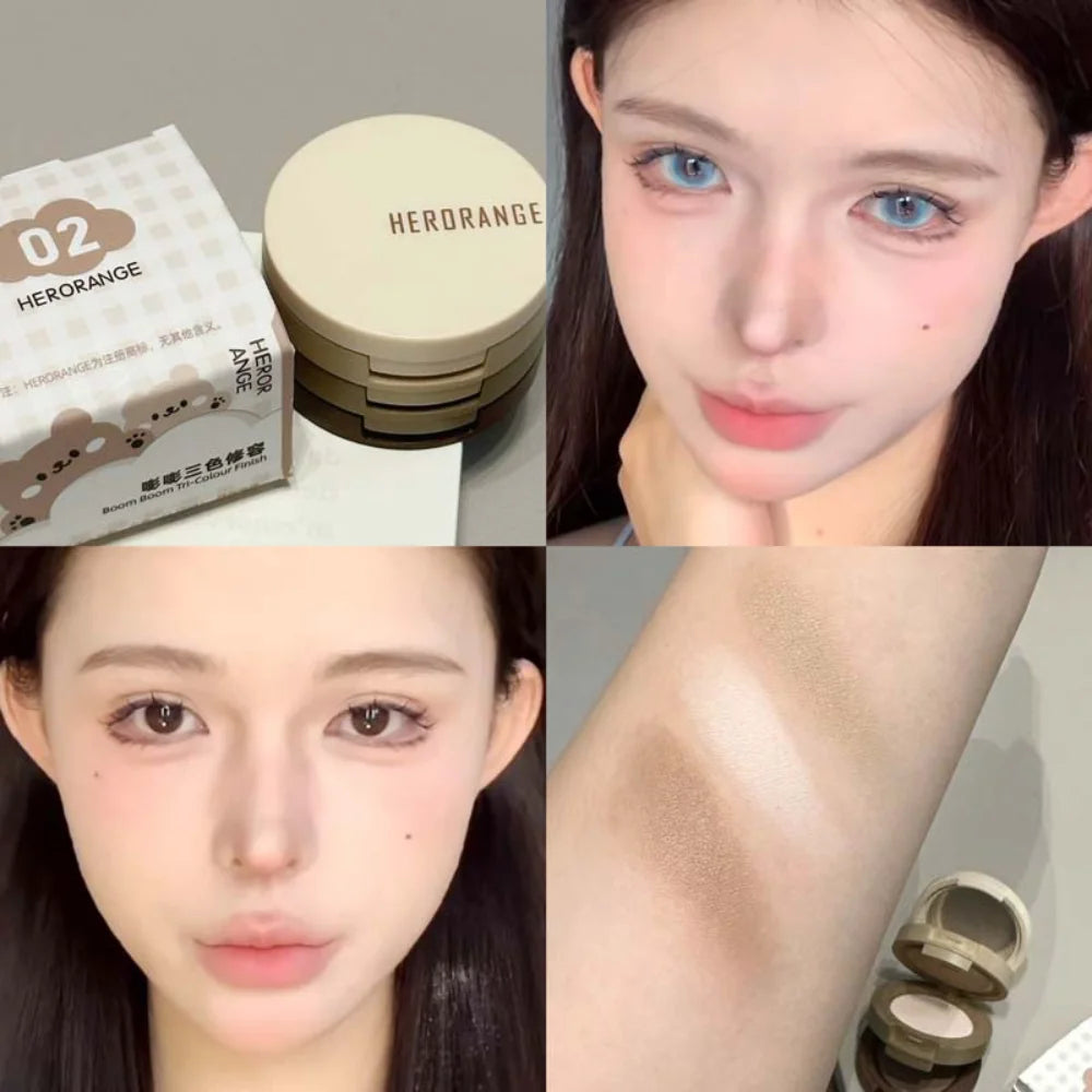 3 Color Contour Palette Matte Pearl Glitter Highlighter Powder Lasting Natural 3D Nose Shadow Blush Facial Sculpting Makeup Tray HIP 02 Contouri Brown