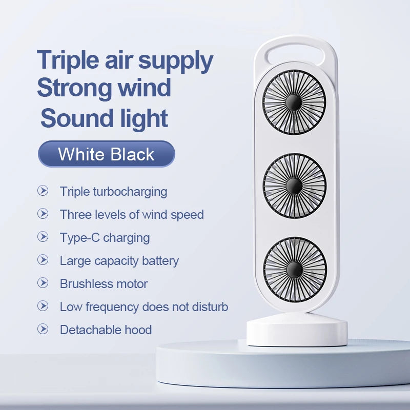 Triple Outlet USB Rechargeable Desktop Fan – 3-Speed Portable Portable Desktop Fan HIP White Black