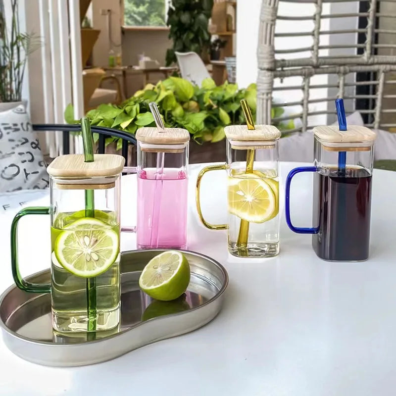 400ml Square Glass Mug with Lid & Straw – Microwave Safe Glass Mug with Lid HIP