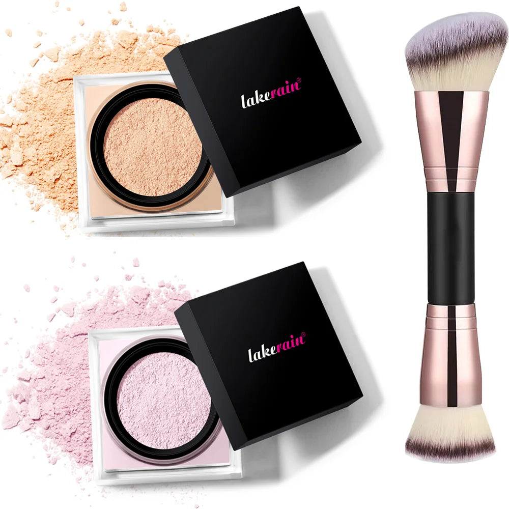 2 Count Loose Setting Powder & Brush Long Lasting Waterproof Oil Control Matte Natural Brightening Face Powder Cosmetics HIP